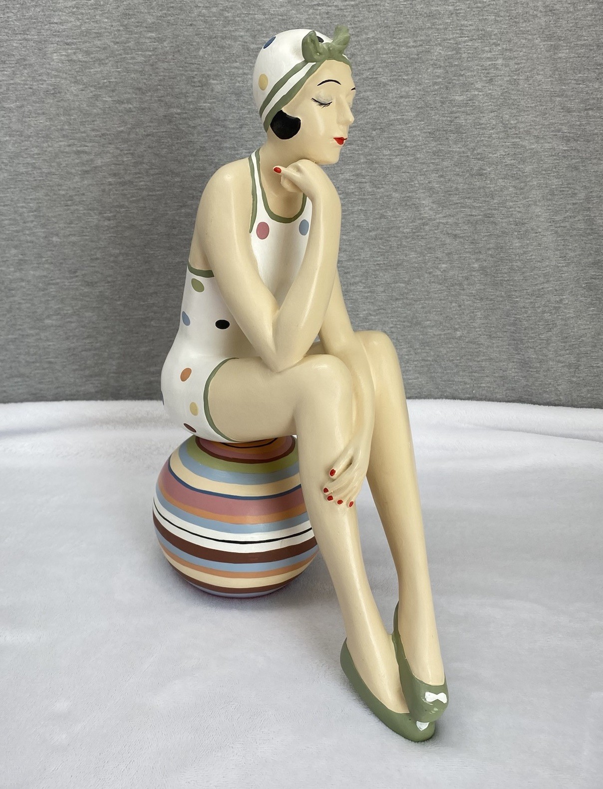 Bathing Beauty Figurine Polka Dots Swimsuit & Cap On Beach Ball 13” Tall