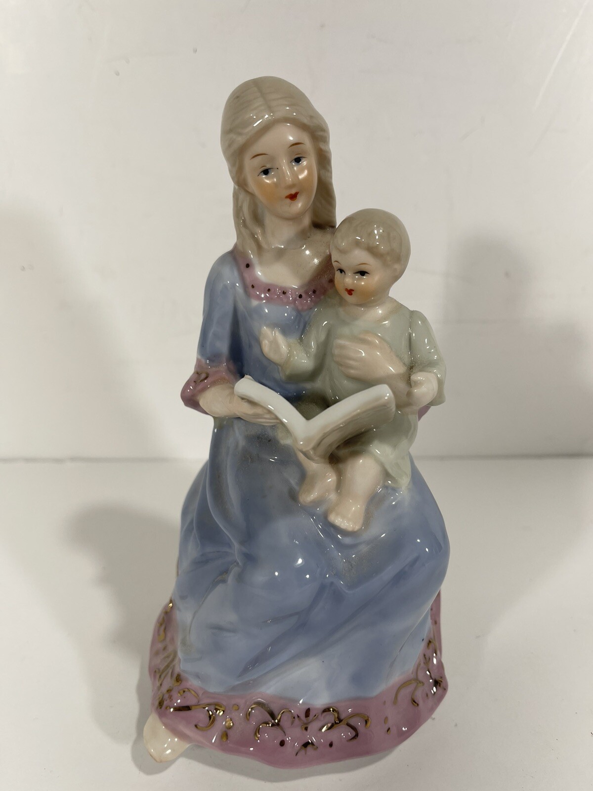 Stunning Porcelain Sculpture Music Box mother Reading To child Mint Condition