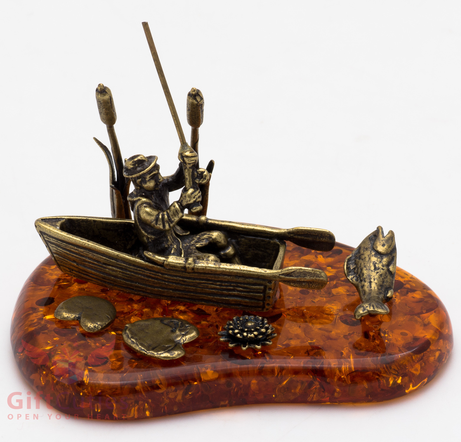 Solid Brass Amber Figurine Fisherman in boat Fishing on the lake IronWork