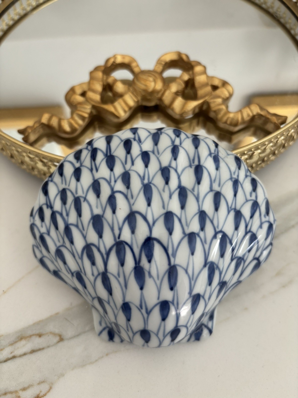 Andrea By Sadek Nantucket Porcelain Scallop Clam Blue White Fishnet Shell Beach