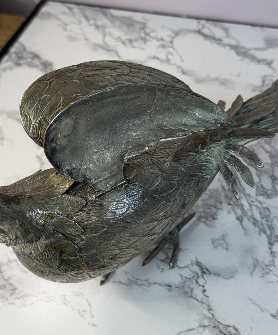 German Metal Pheasant Decanter Figurine Hinged Wings Stamped Germany Alpacca