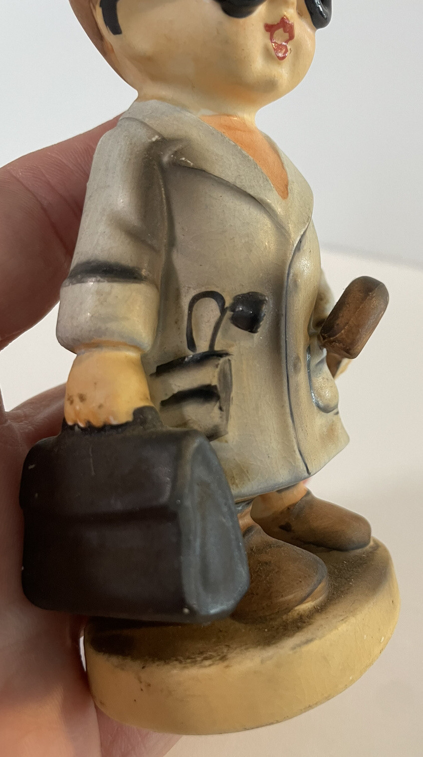 VTG Porcelain Little Boy Dressed Up As Doctor Glasses Cane Stethoscope Bag Japan