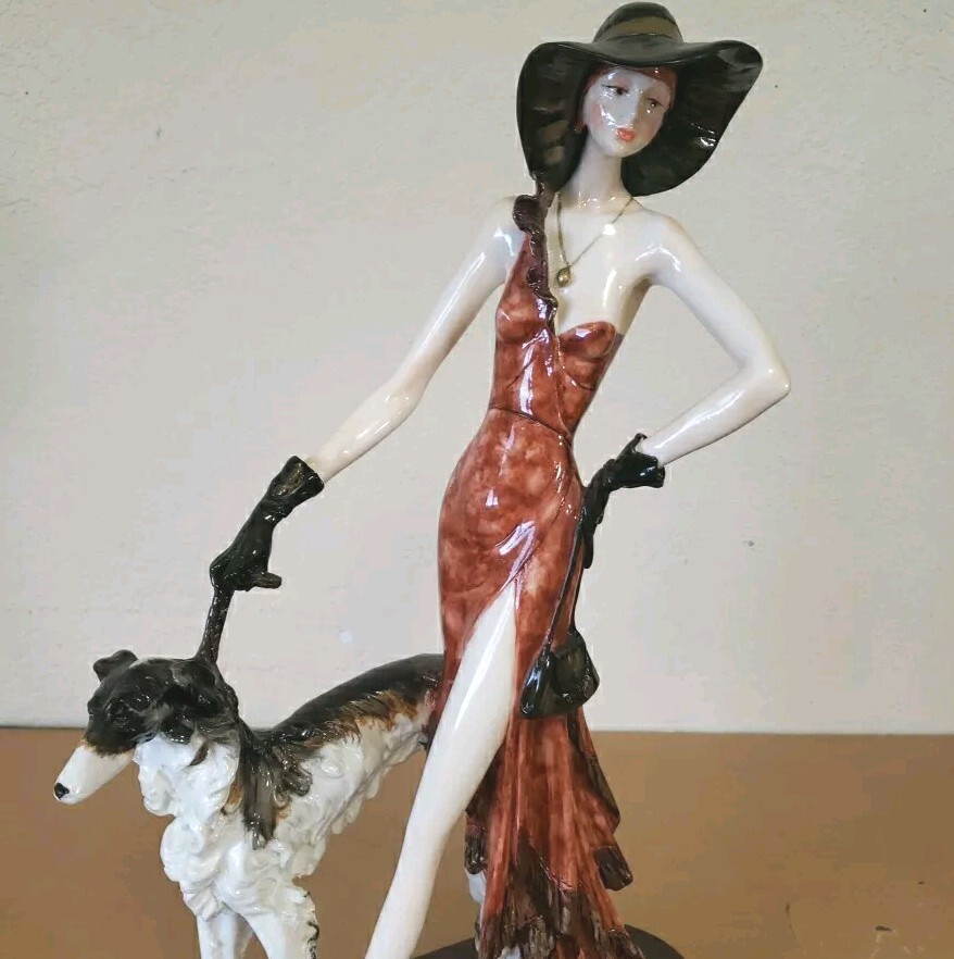 A. Santini Signed 17″ Sculpture Figurine Elegant Lady Walking with Borzoi Dog