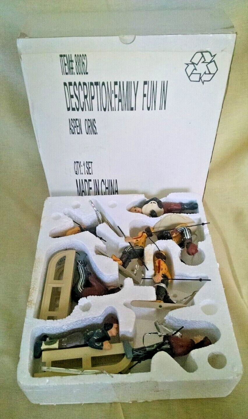 Ski Figures Set 8 Family Fun In Aspen Ornaments Boy Girl Sled Skiing Box As Is