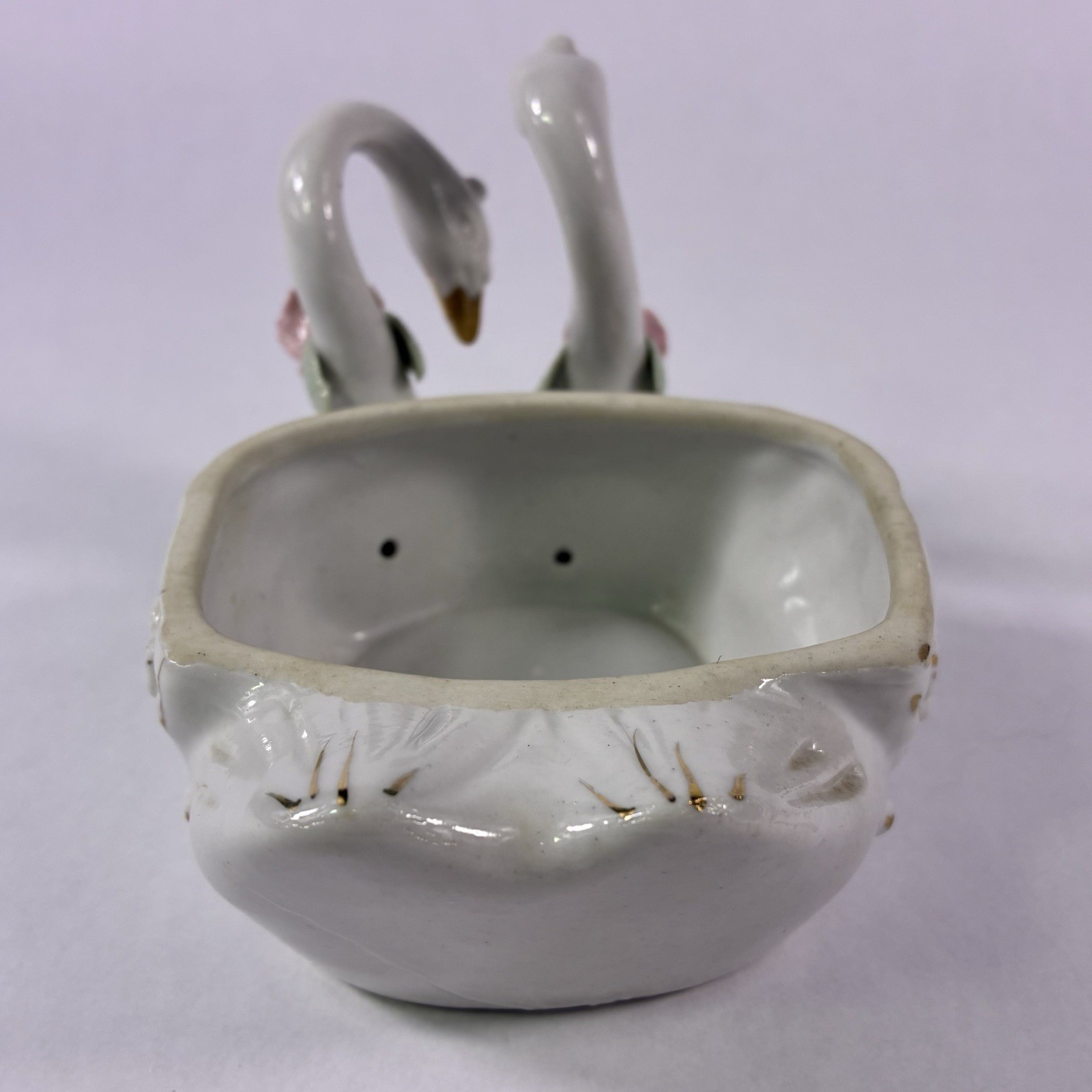Vintage 2 Swans Trinket Dish Figurine Porcelain Roses Small Flowers Decor