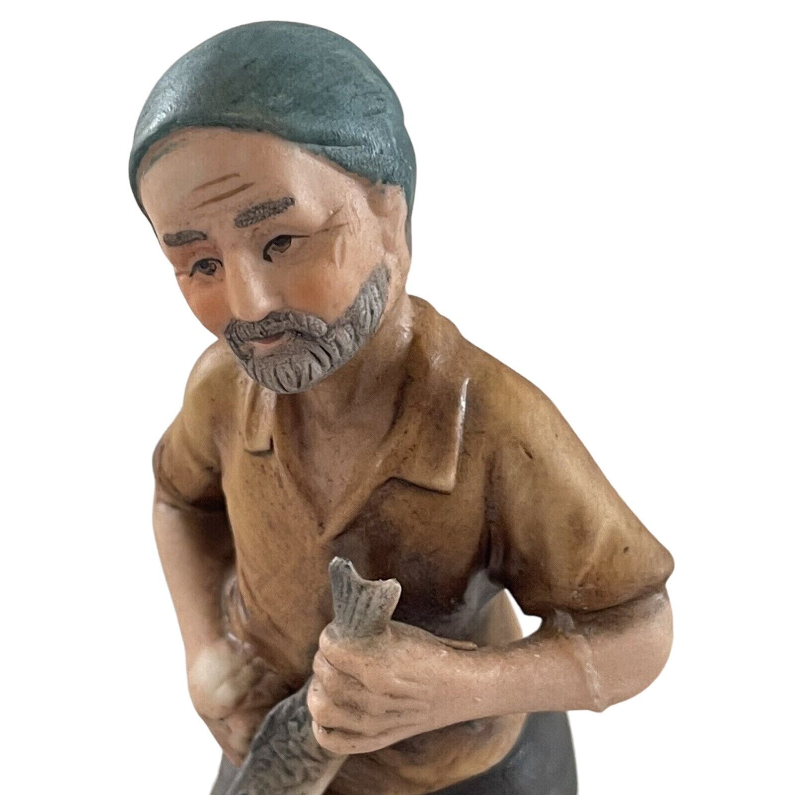 KSM Figurine Fisherman Man Holding Fish Net Ceramic Nautical Vintage REPAIRED