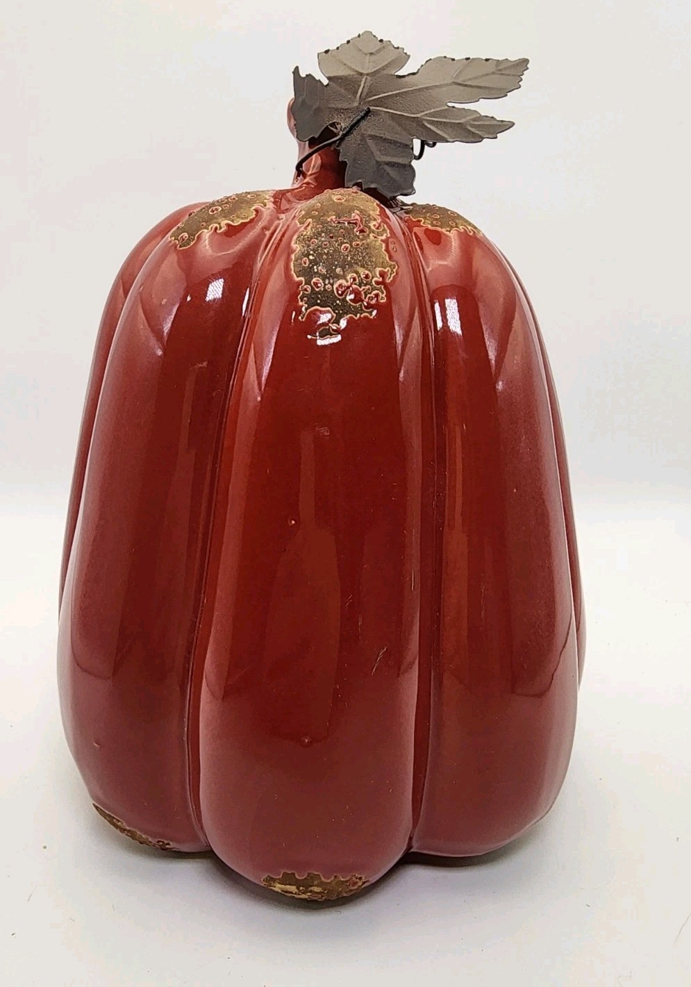 Glazed Porcelain Rustic Burnt Red Pumpkin With Metal Leaf 7 Inches