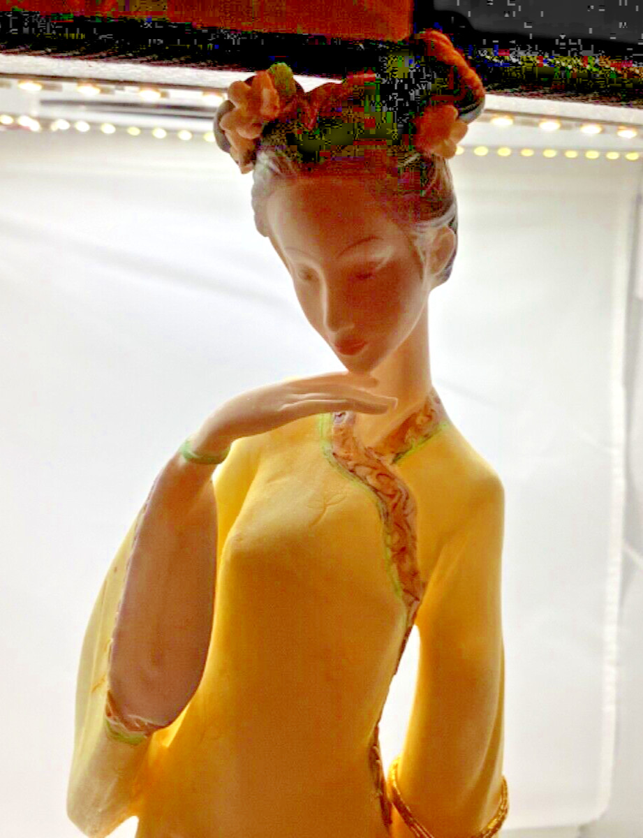 Turtle King Corp Asian Sitting Geisha Holding Fan Figurine 15” x 3” Sculpture