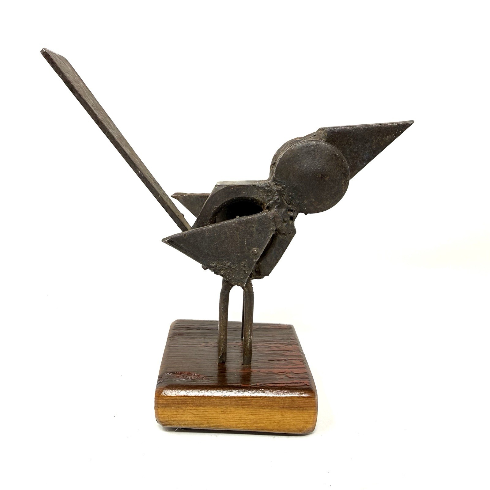 Vintage Metal Scrap Brutalist Bird Sculpture Wood Block Base Folk Art MCM Decor
