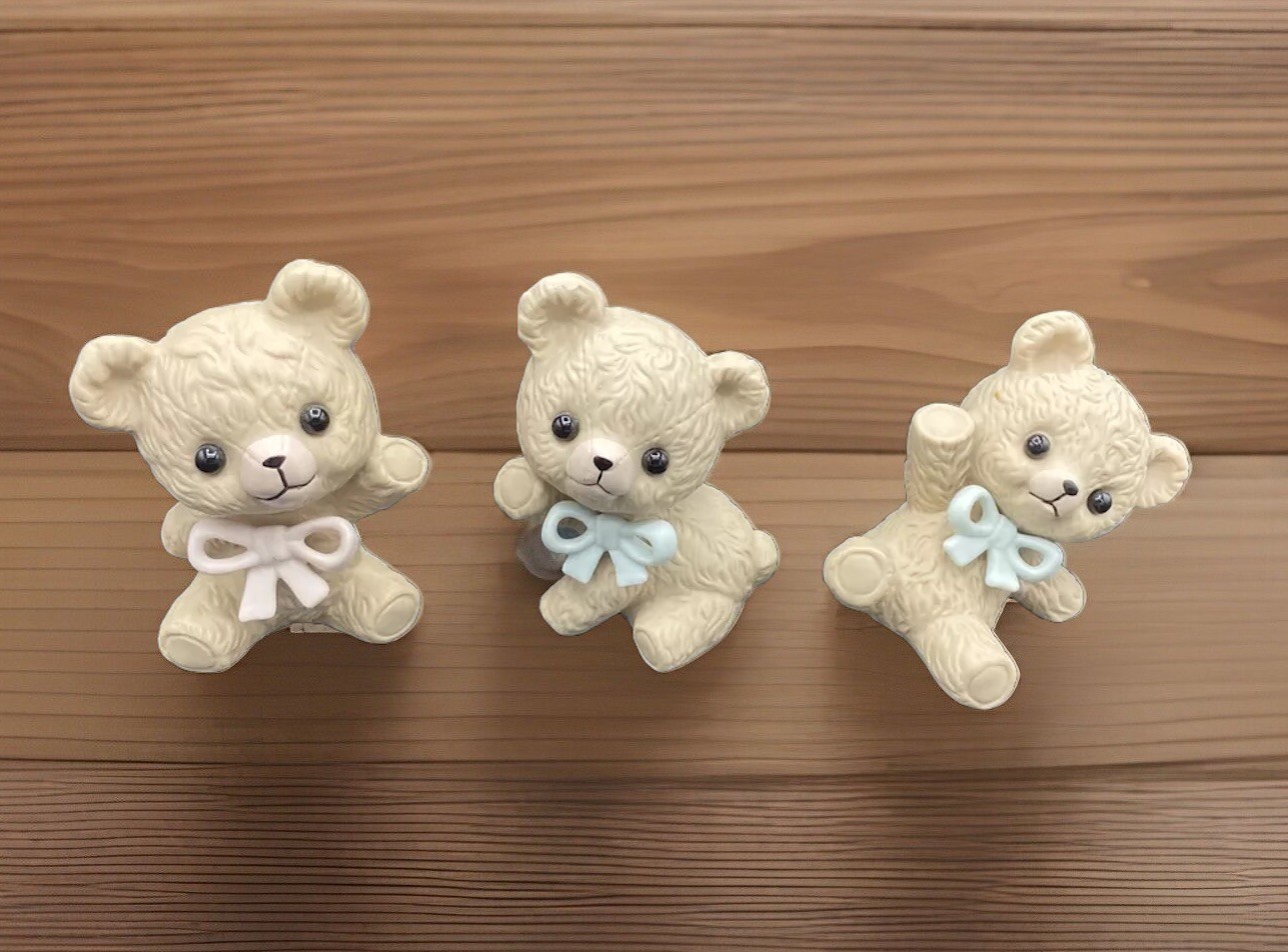 Set of (3) Teddy Bear Figurines Nursery Flip, Flop & Ann Porcelain Tumblers Baby