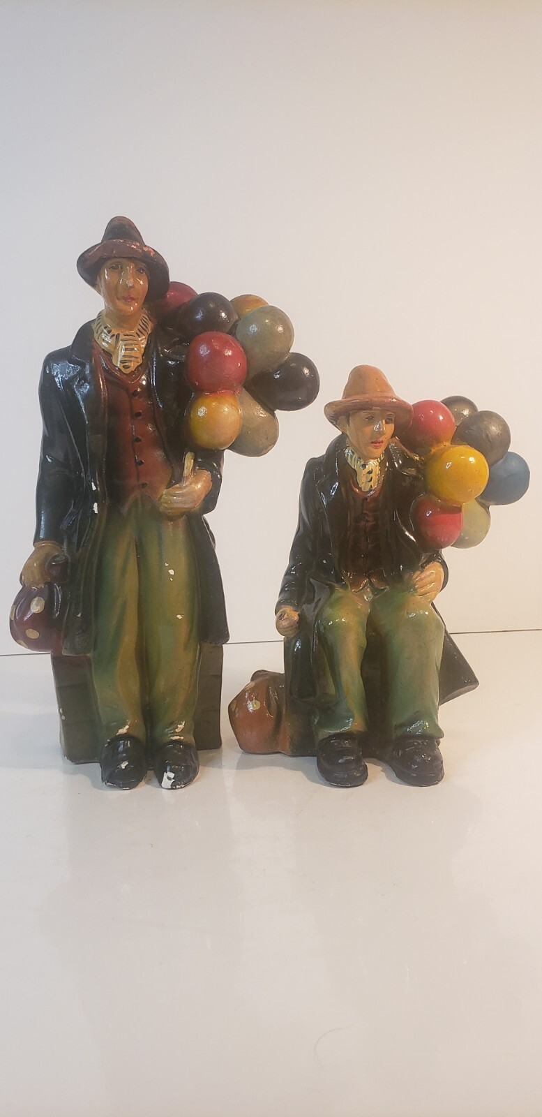 Vintage Chalkware Balloon Seller Figurines Pair – Colorful Street Vendors