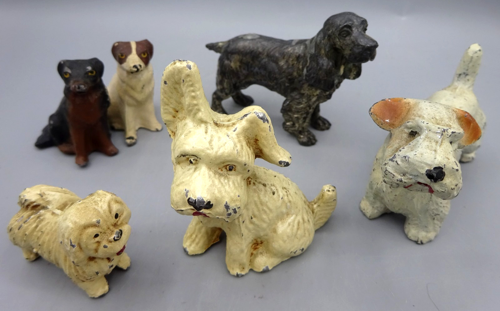 5 Vintage Cast Metal Cold Painted Dog Figures – Spaniel – Terriers – Pug