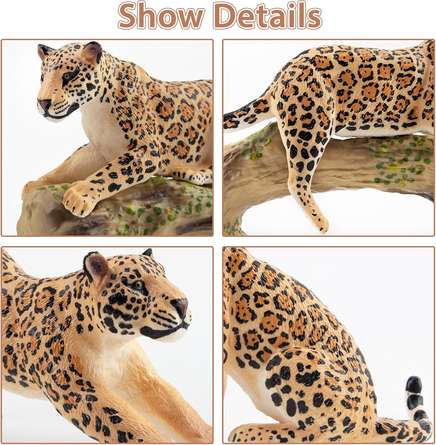 Toymany 7PCS Leopards Figurines with Leopards Cub and Tree Trunk, Realistic Jung