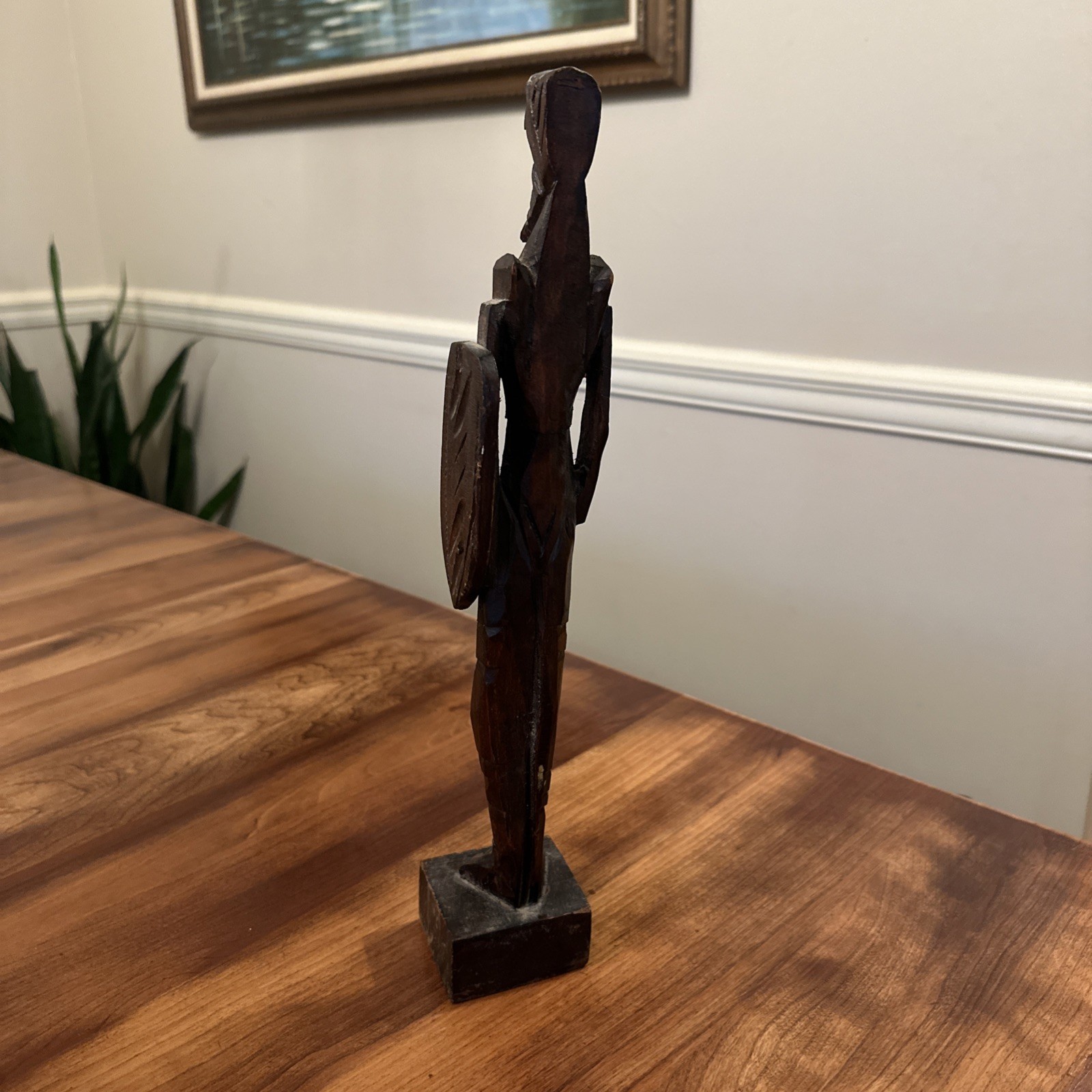 Wood Carving Ancient Warrior Standing Soldier Figure Sculpture 13.75″ Tall VTG