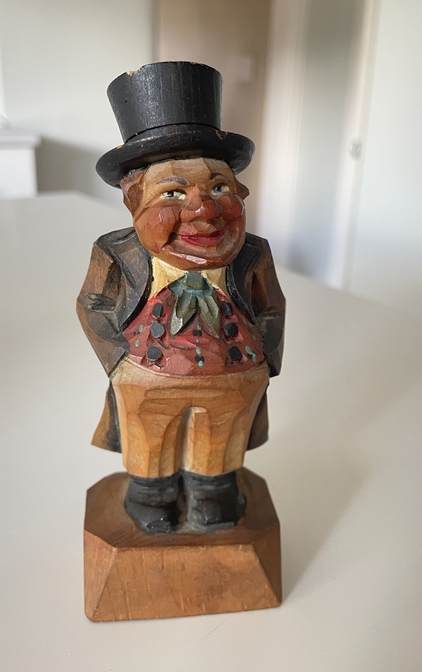 Vintage Hand Carved Wood Gentleman Figure Top Hat Alpine Folk Art 5.5” Painted