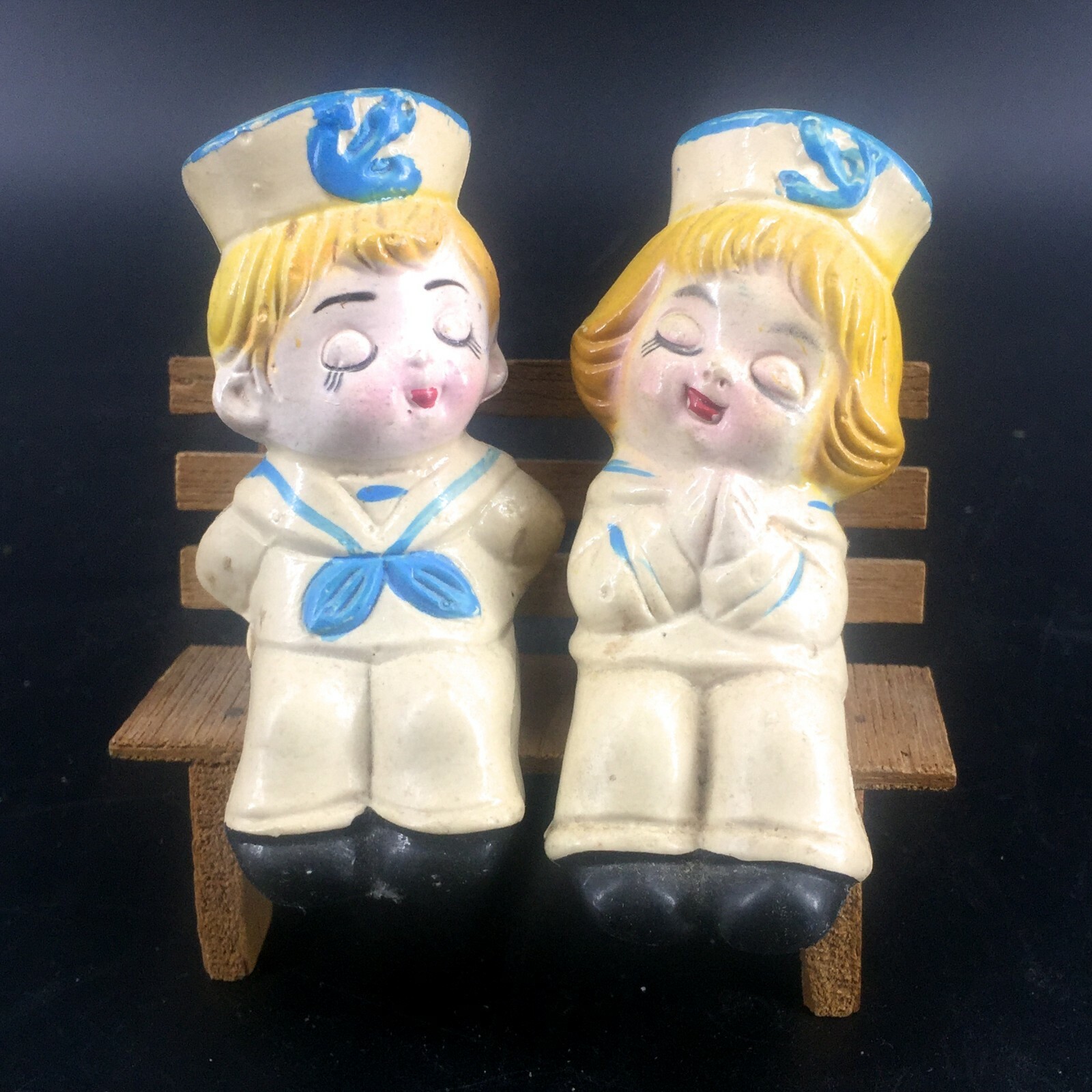 Vintage Hard Plastic Praying Children Sailor Kids Figurines Hong Kong Wood Bench