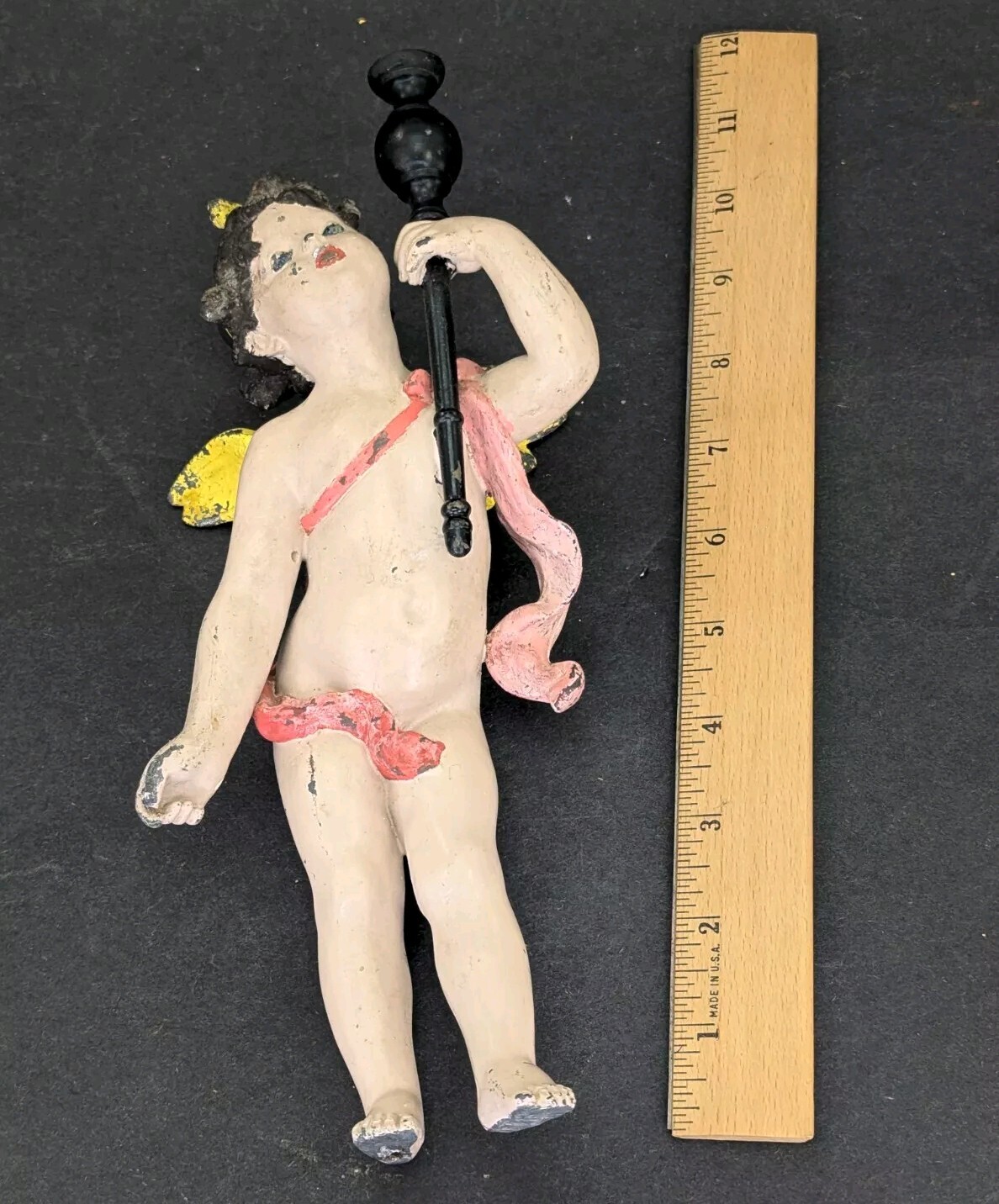 (as-is) Antique Metal Spelter Baby Angel Wings Cherub Torch Figure