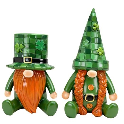 St. Patrick’s Day Decor 2 Pcs Irish Gnomes Figurines – Resin Green Grid Hats