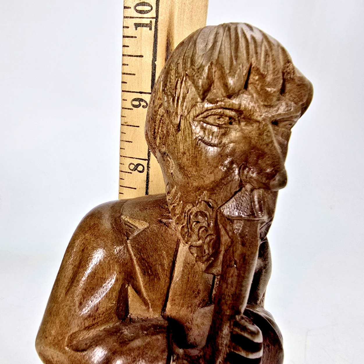 Art Wood Carved Man Musical Instrument Figure 9.75″ Handmade Craft Brown Vtg