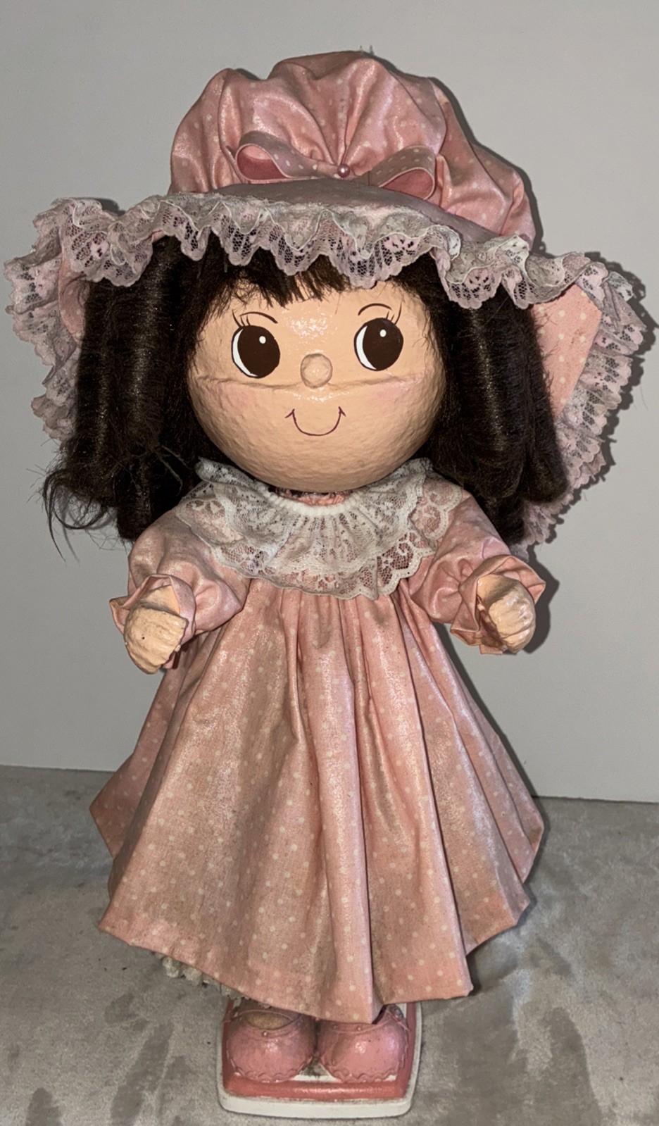 Paper Mache Girl Doll Pink Polka Dot Dress Bonnet Hat Handmade Vintage *dust