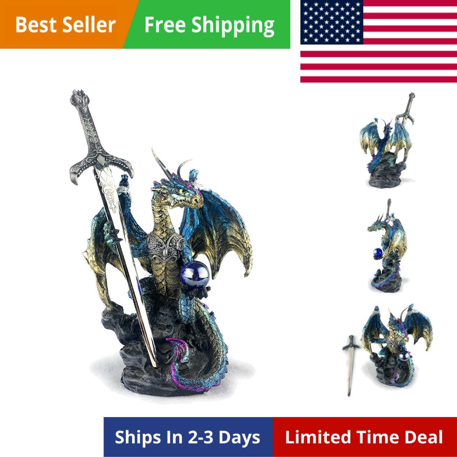 Ain’t It Nice Dragon Statue with Medieval Dragon Sword and Crystal Ball Colle…
