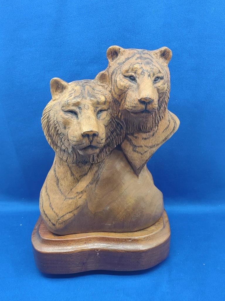 Vtg Wood Carving Bust Pair of Tigers Hardwood on Base 10″ Big Cats Jungle 2003