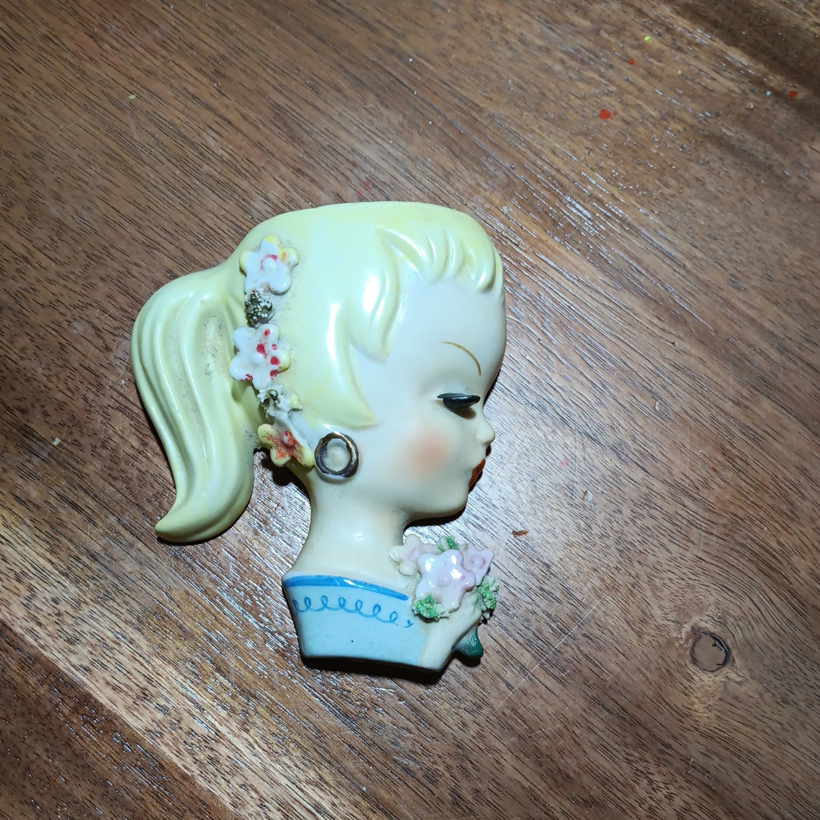 Vintage Ucagco Blond Ponytail Lady Head Vases Wall Pockets