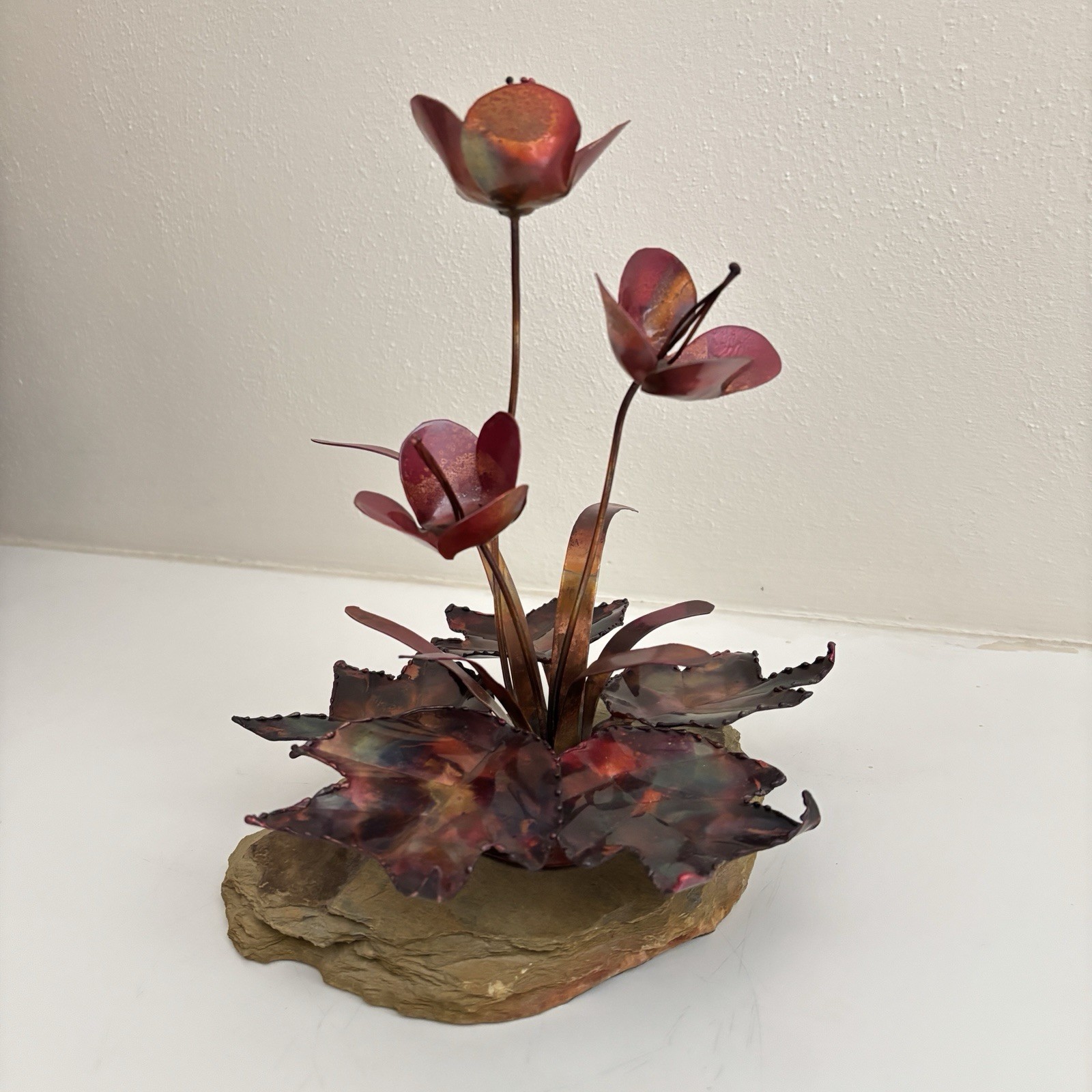 Vintage Brutalist Copper Brass Floral Torch Cut Sculpture MCM Table Decor 10” Hi
