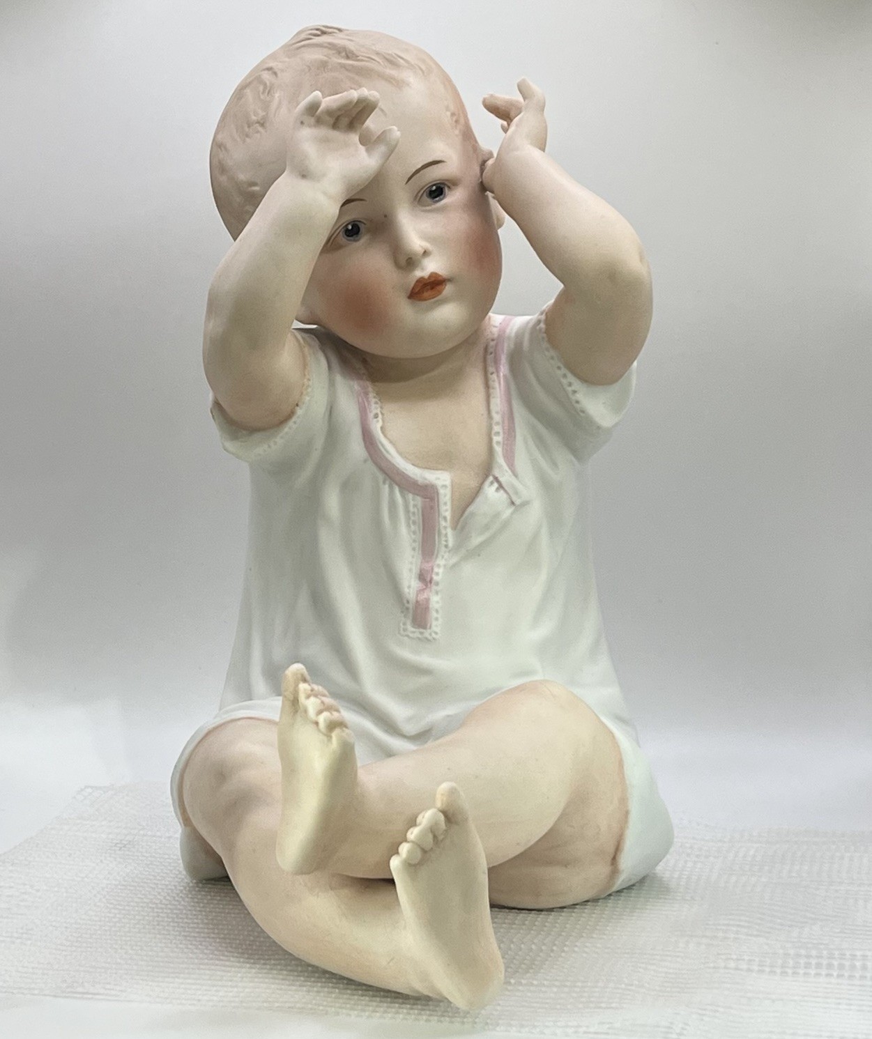 • Antique Vtg Bisque Porcelain Piano Baby Porcelain Sitting Baby Doll 8.5” Tall