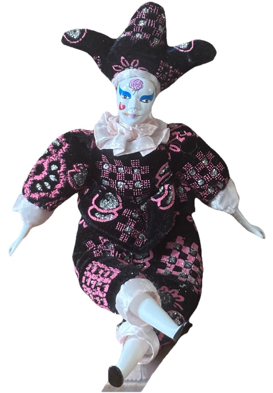11” Sugar Loaf Vintage Harlequin Jester Doll Dressed In Velvet (J)