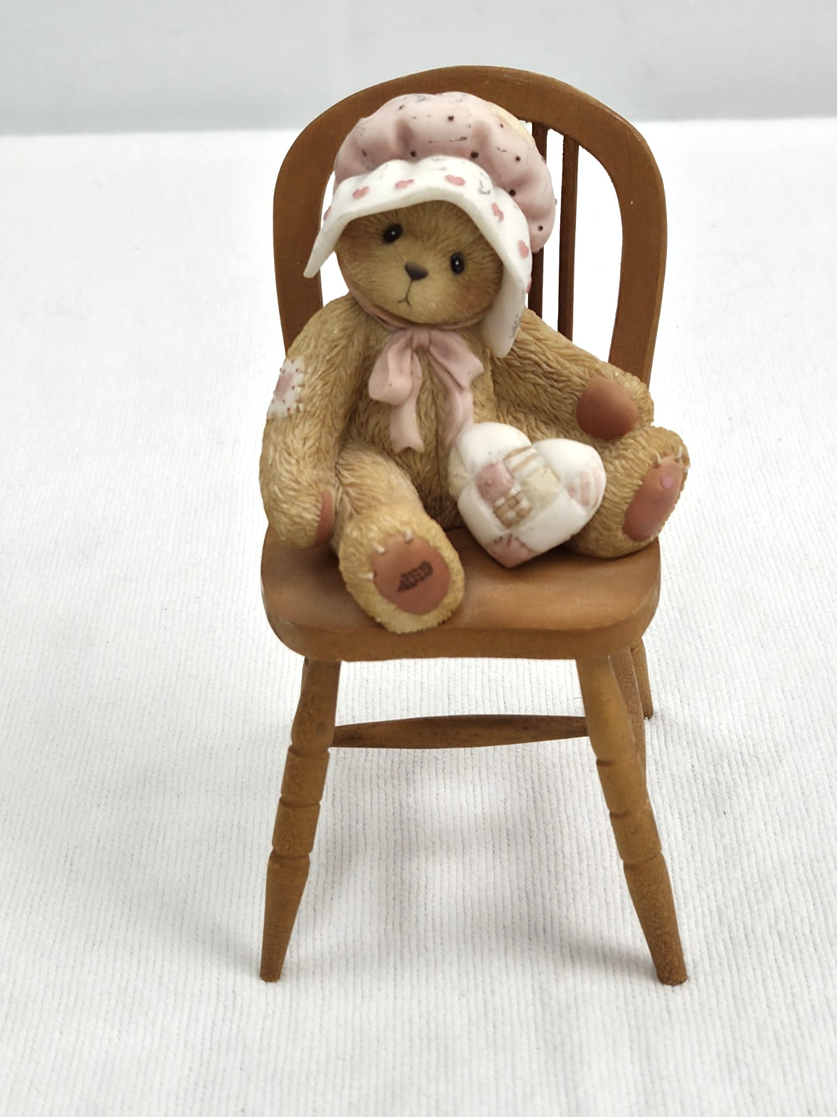 Priscilla Hillman Porcelain Teddy Bear Figure Wood Chair 2001 Enesco Small