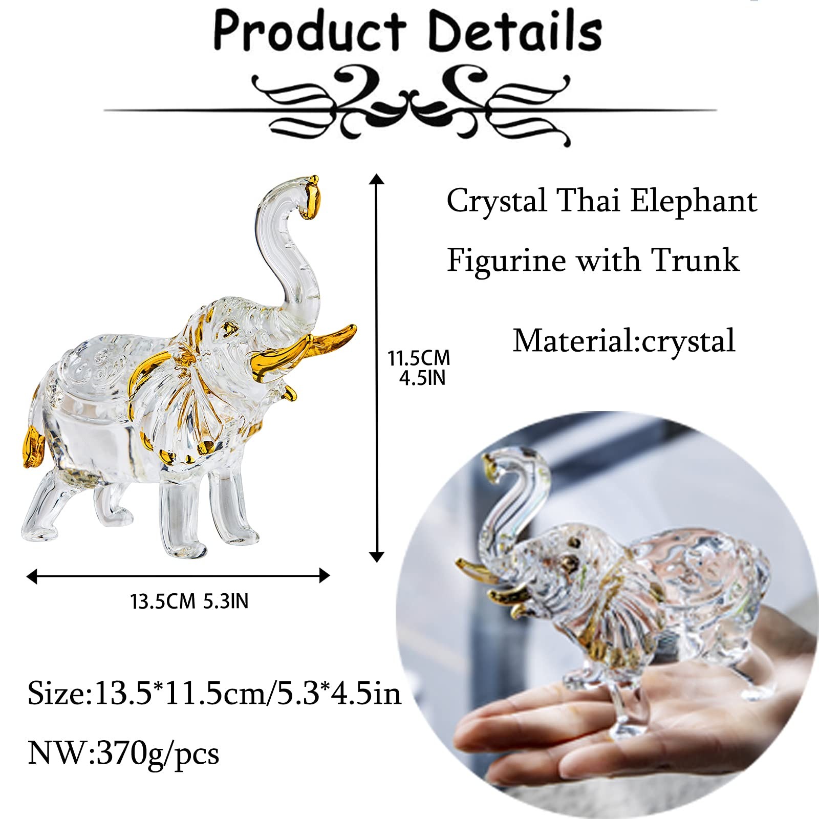 Handmade Crystal Thai Elephant Statue with Trunk Raised Figurine Home Decor T…