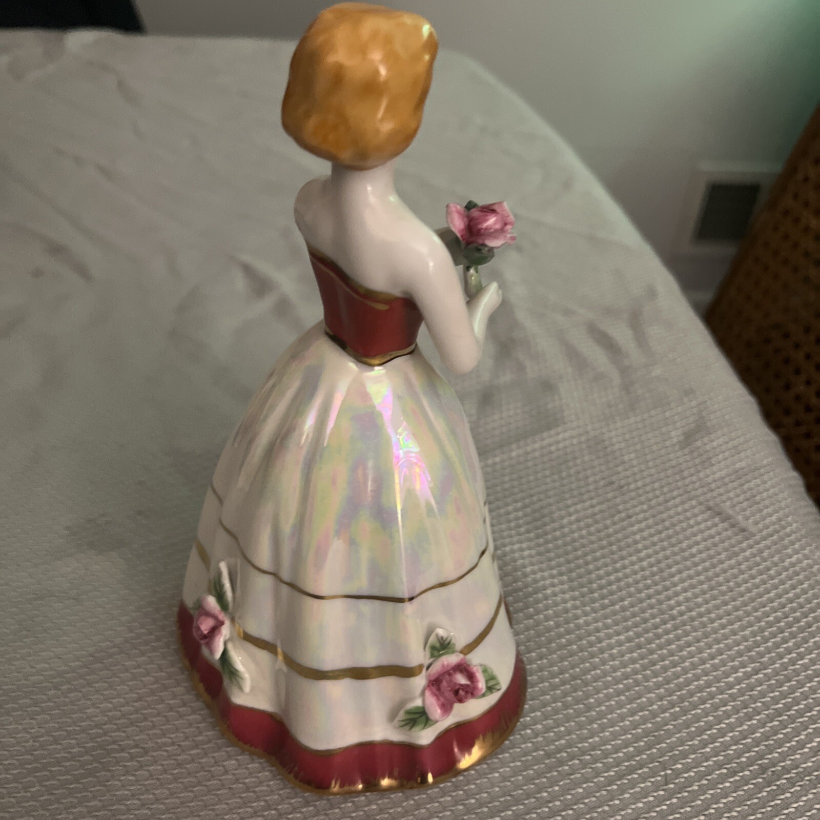 Vintage Porcelain Lady Figurine Opalescent Red, White Dress Roses