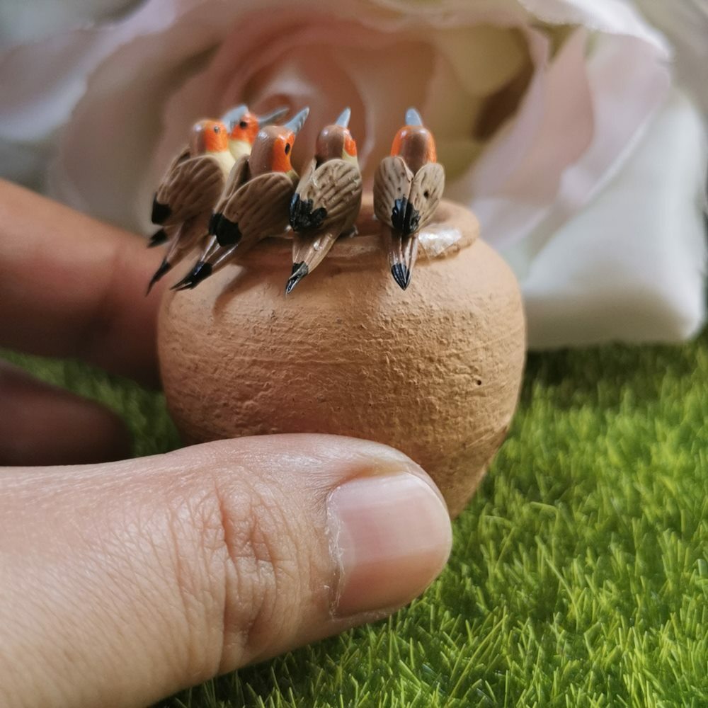 Miniature Dollhouse 5 Brown Orange Robin Bird Clay Figurines Fairy Garden Decor