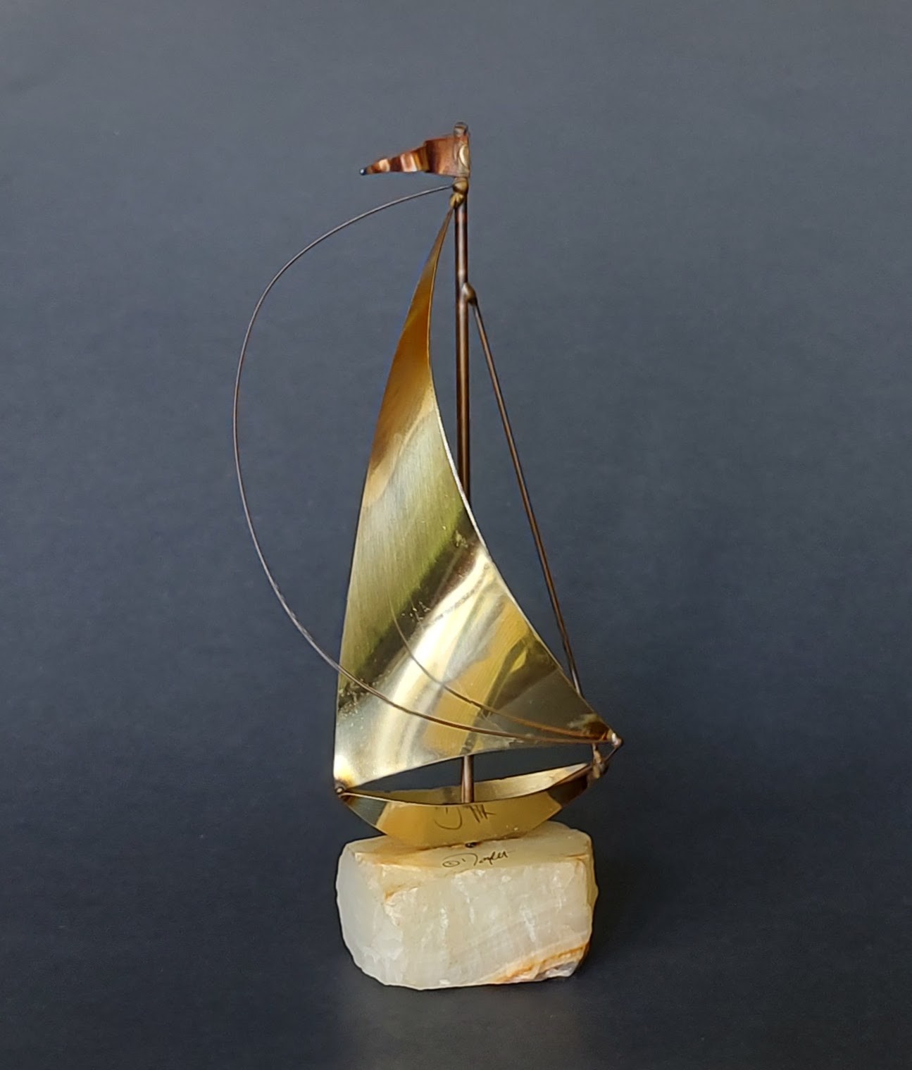 Vintage 1970s Brass Metal Sailboat Sculpture on Onyx Stone Base Signed DeMott