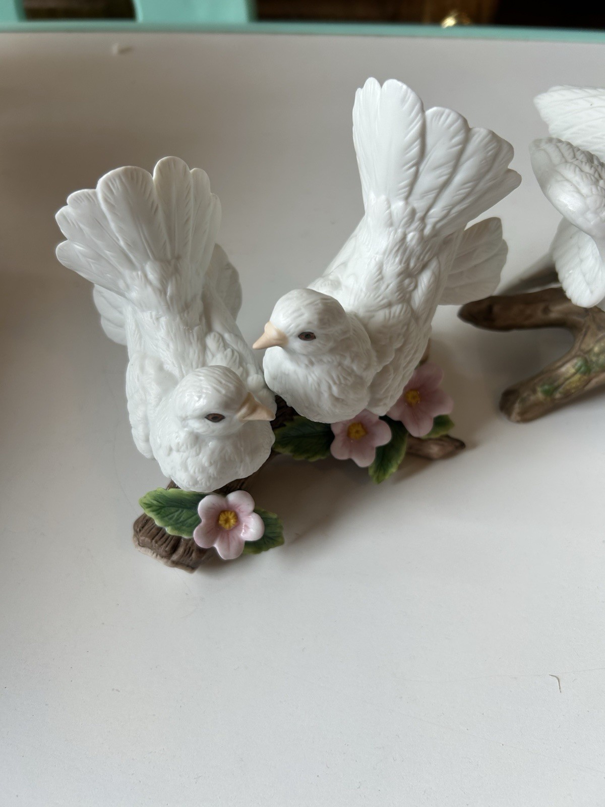 Bisque Porcelain Dove Figurines On Branch With Flowers