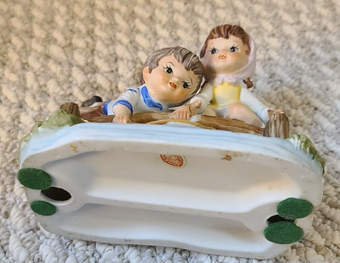 Figurine Artmark Porcelain Boy and Girl On Bridge Hat In Stream Creek
