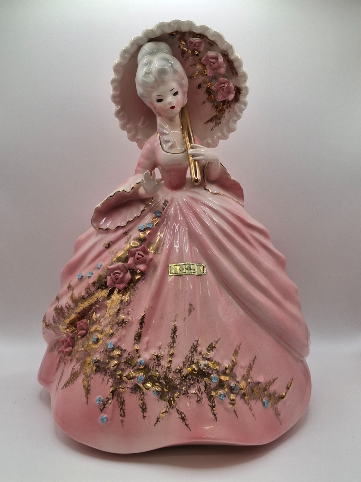 Vintage Josef Original Caroline Lady Pink Figurine Colonial Series Umbrella