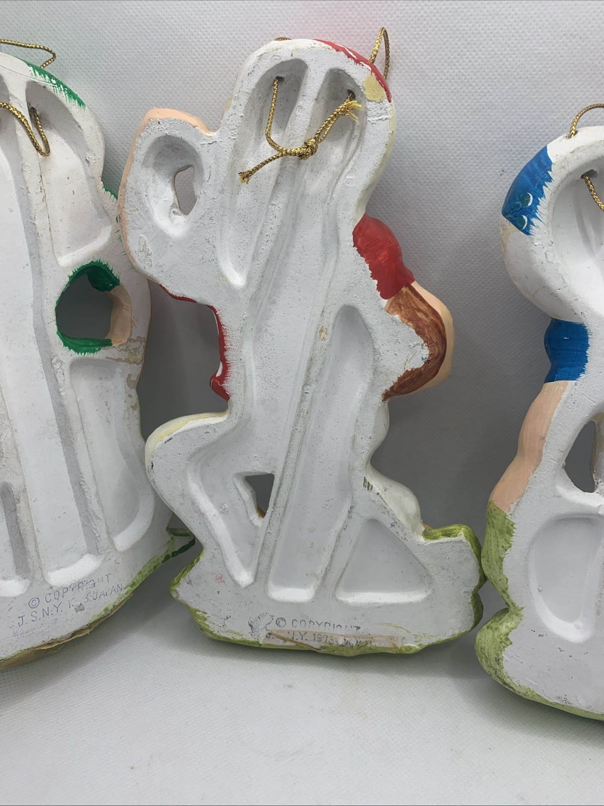 Vintage 1973 CHALKWARE Football Player Set of 3 Blue Green & Red JAPAN 9”