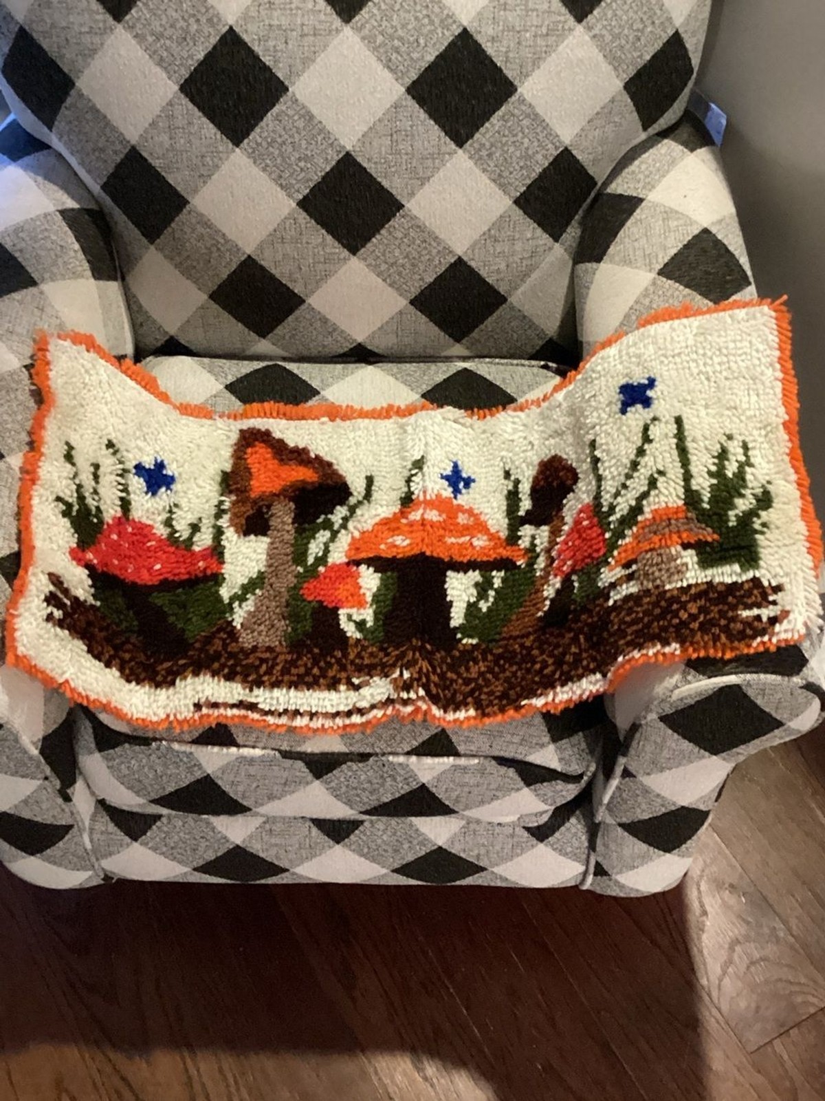 Hand Crafted Orange, Red, Brown & Green Merry Mushroom Latch Hook Wall Hanging