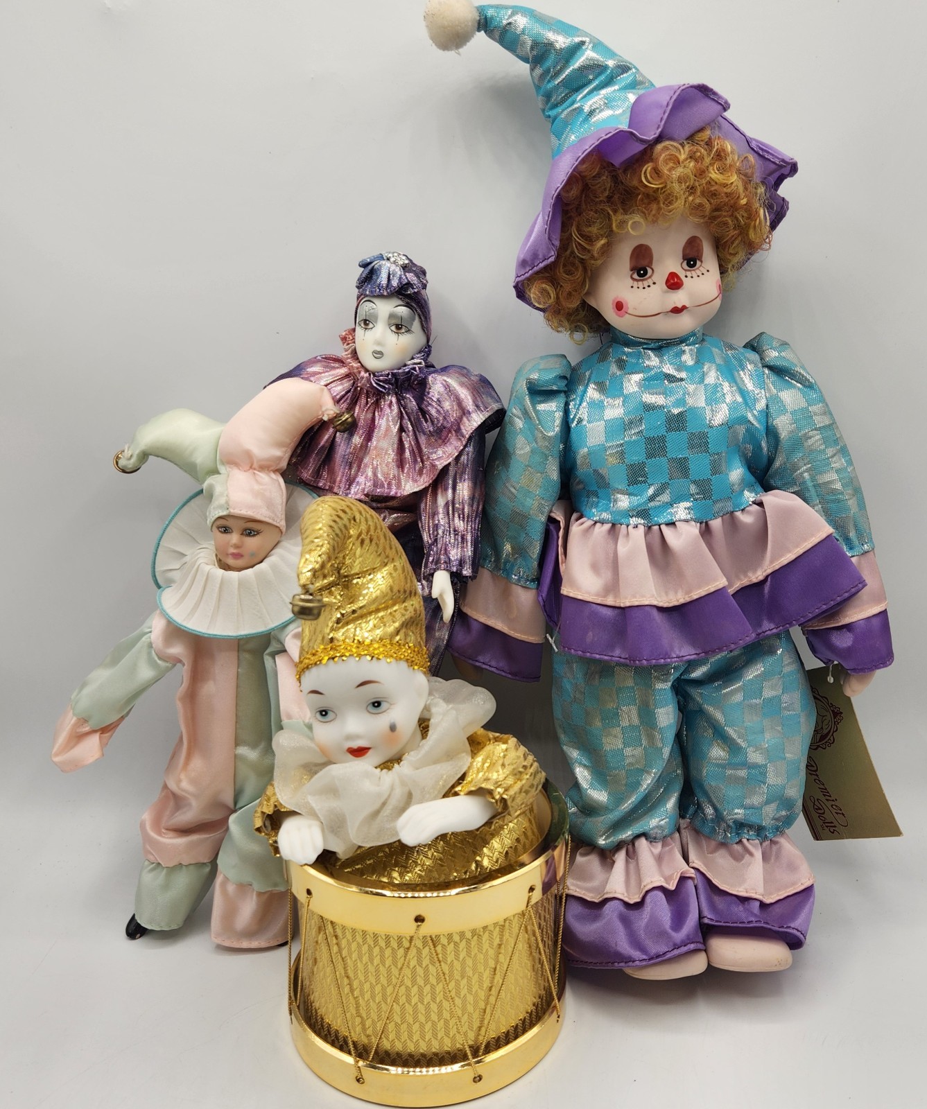 4 Clown Doll Porcelain Head Hand Painted Jester Musical Various Sizes + 2 Bonus
