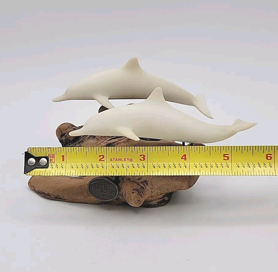 John Perry 2 White Dolphin Figurines On Burl Driftwood Sculpture Signed