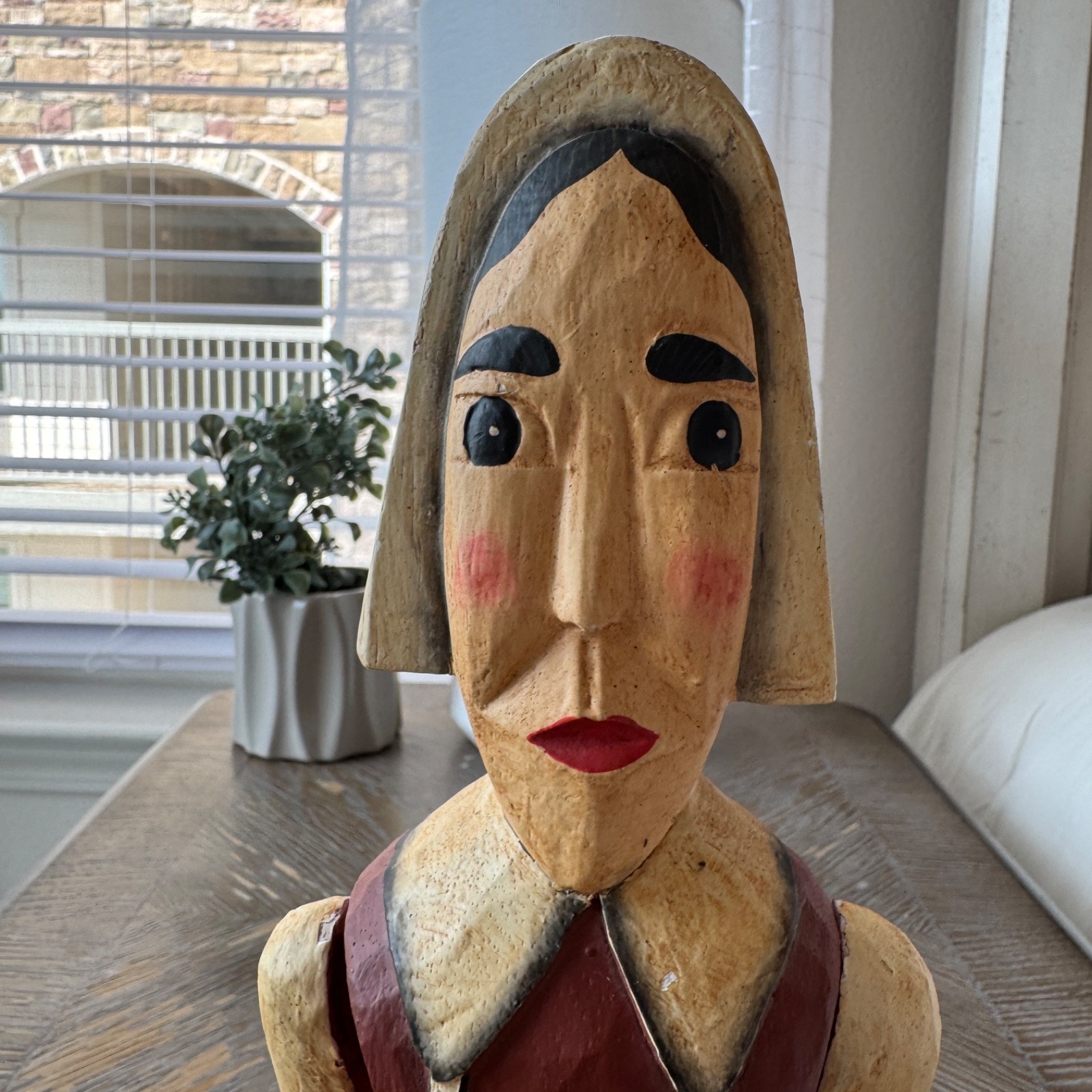 Vintage Hand Carved Wooden Female Pilgrim Jointed Figure Hang Off Mantle 16″