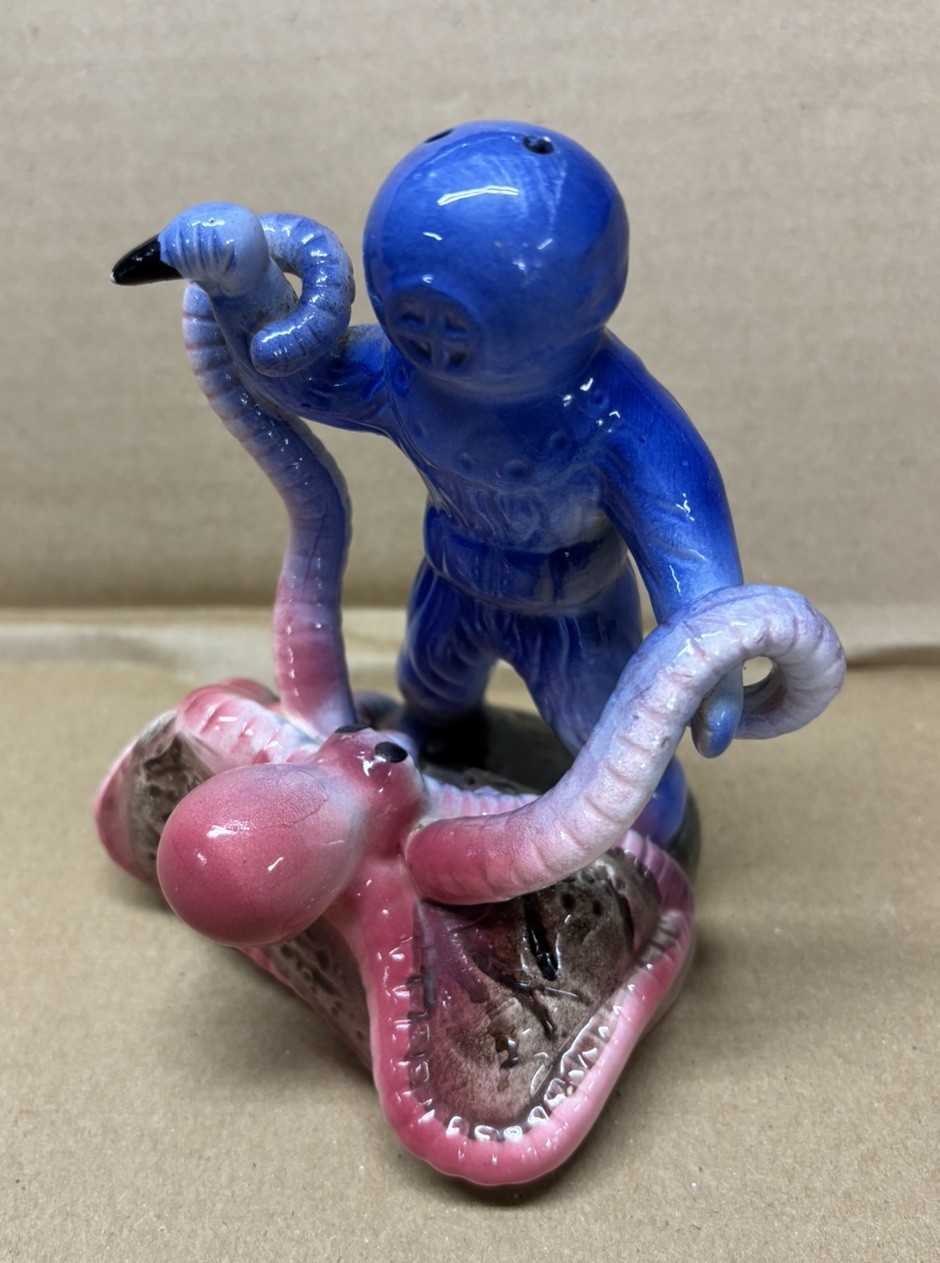 Vintage Ceramic Octopus Deep Sea Diver Tank Figurine Cobalt Blue 50s Nautical