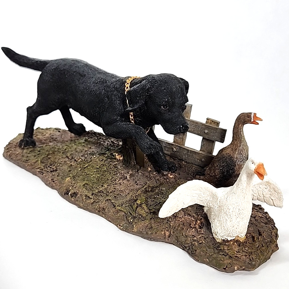 Classic Treasures Collectable Black Lab Sculpture Dog Chasing Geese Resin 11″
