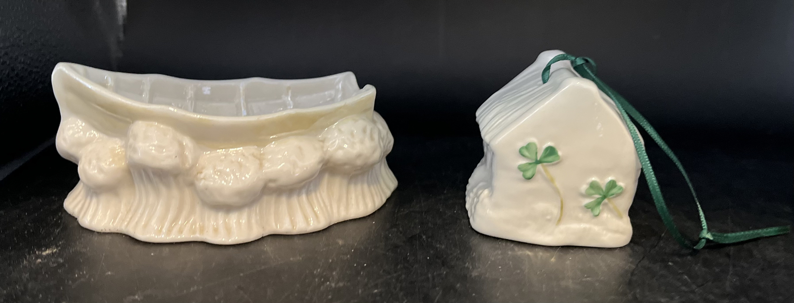 Belleek Xmas Cottage with Shamrocks and Boat Shaped Ashtray