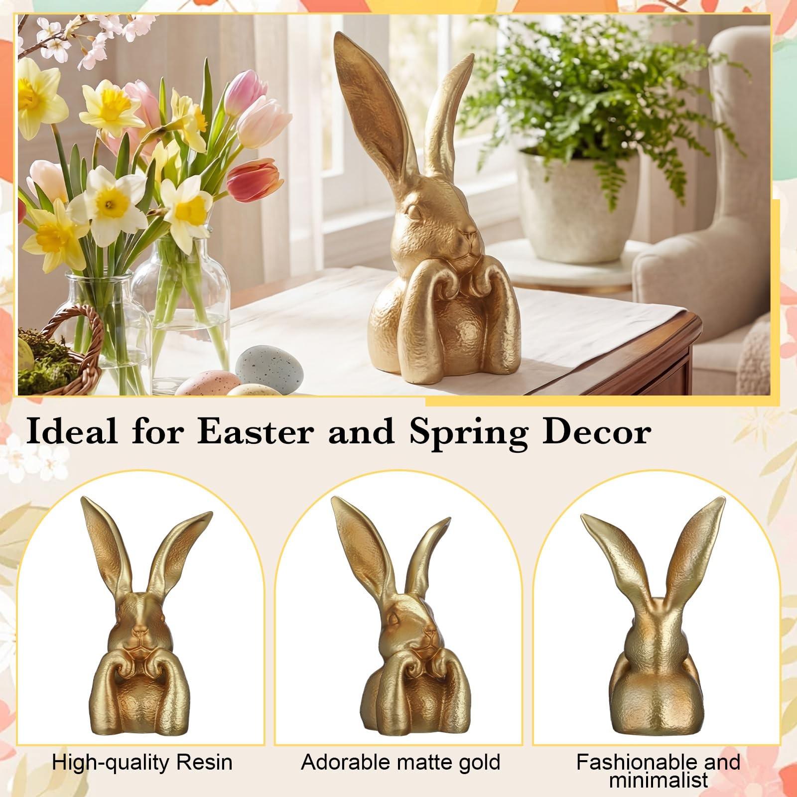 Spring Rabbits Decoration 13.5 Inch Vintage Gold Resin Bunny Statue Large Rab…