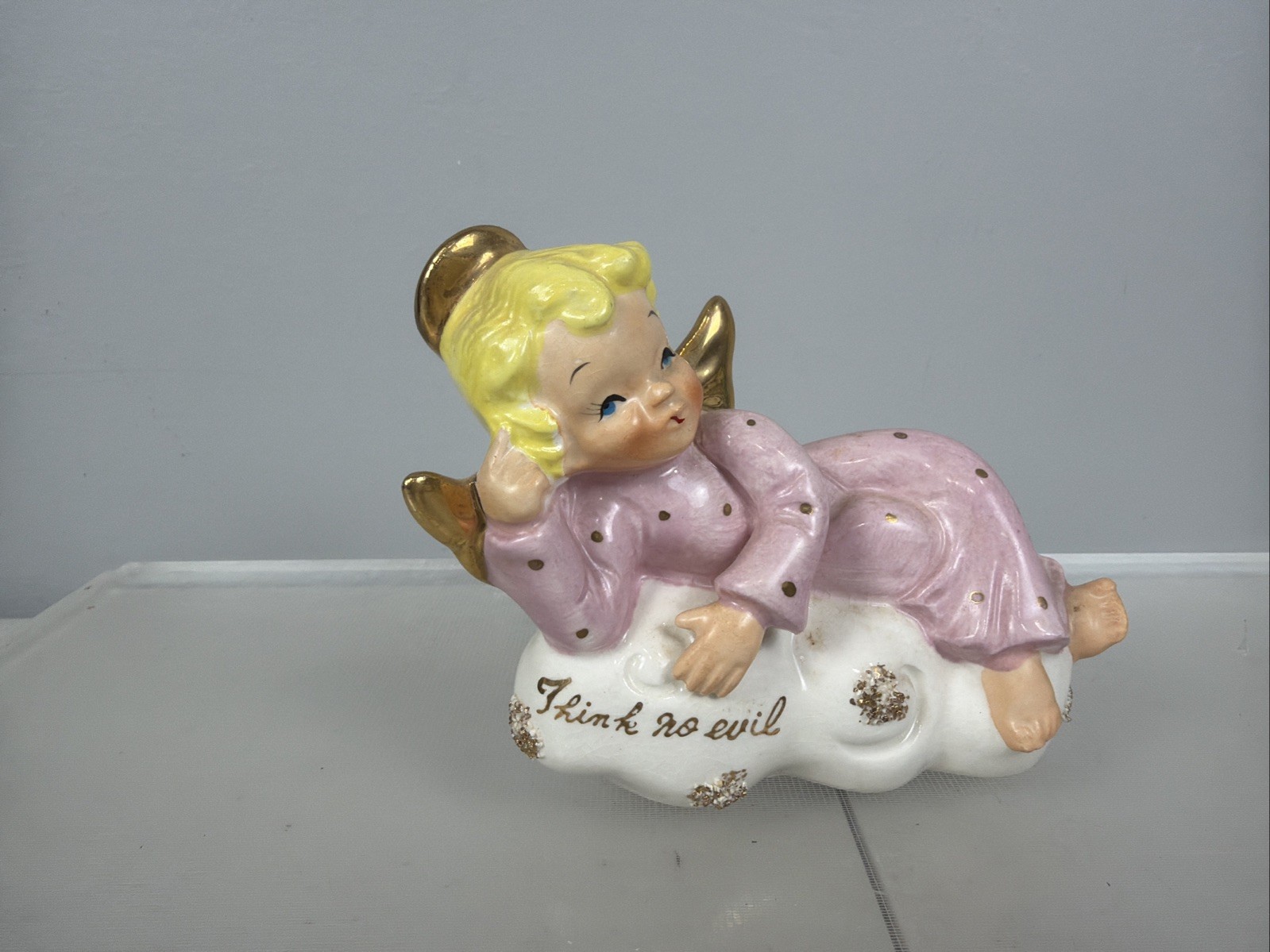 VTG 1956 Japan Yona Originals “Think No Evil” Pink Porcelain Angel Figure RARE