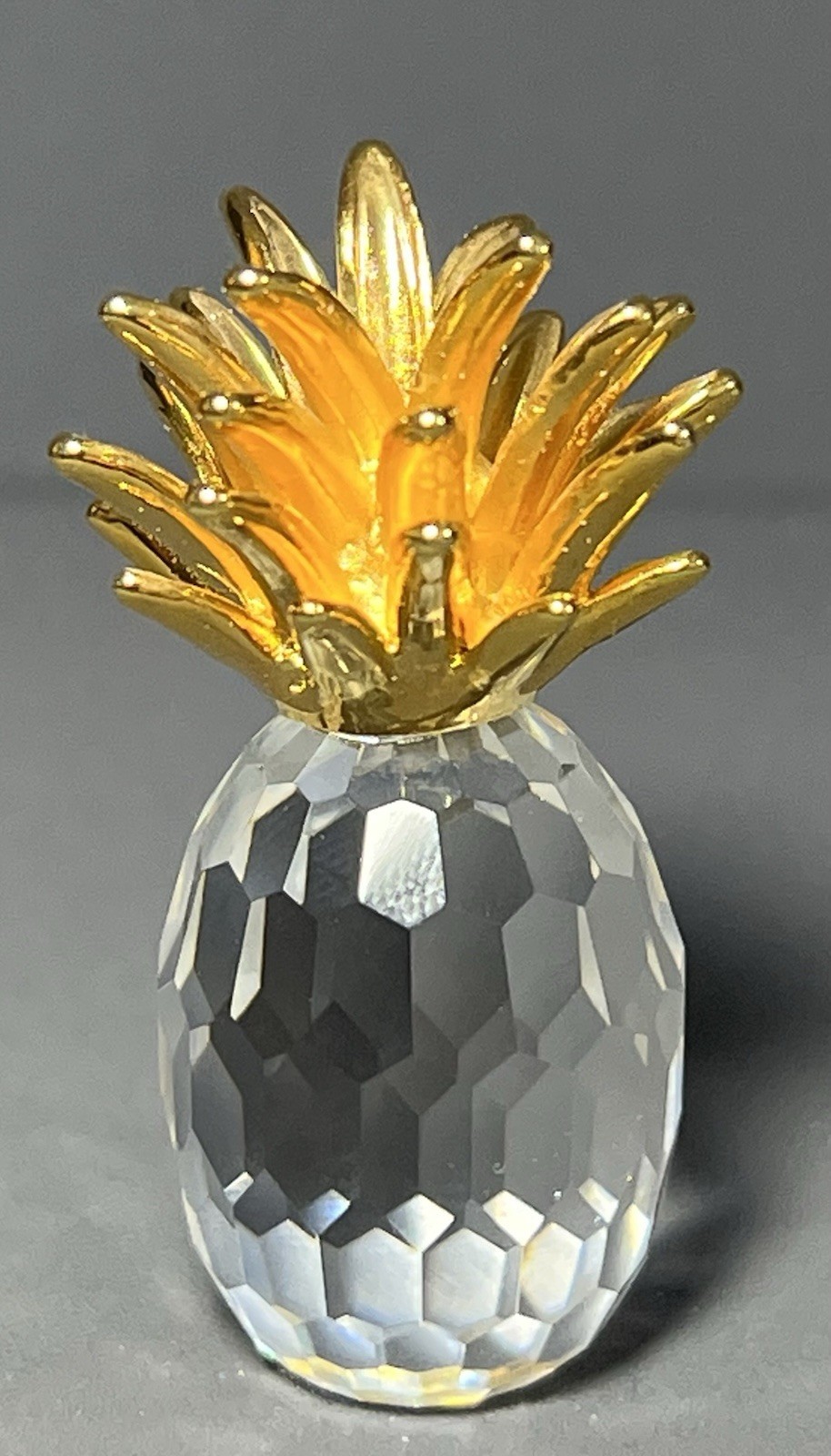 Miniature Crystal Pineapple Figurine Miniature Gold Tone Leaves 1.75 inch Tall