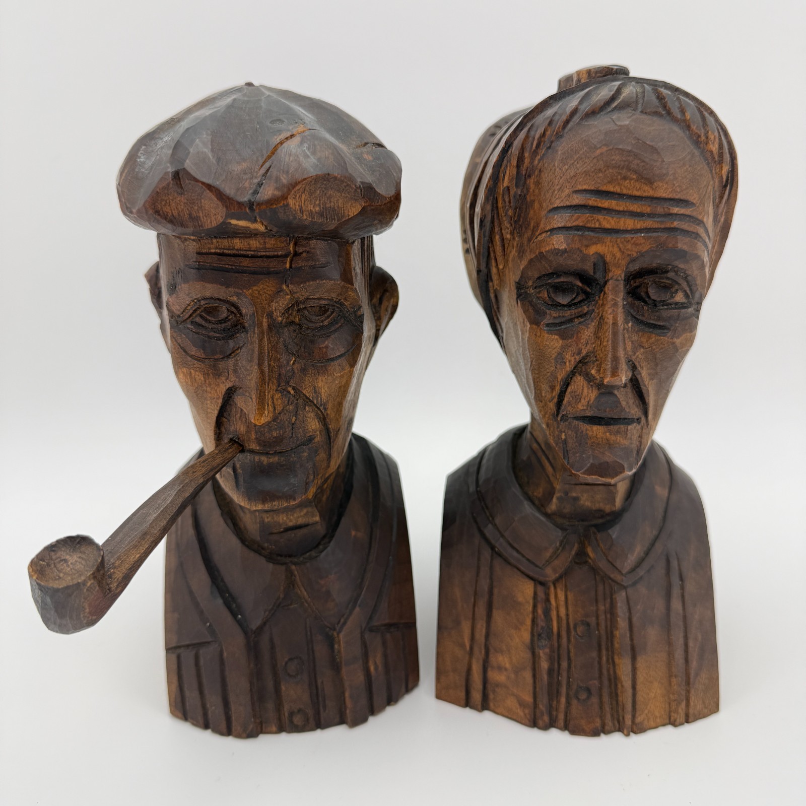 Hand Carved Wood Bust Pair Old Man Woman Folk Art Removable Pipe 8.5in USA